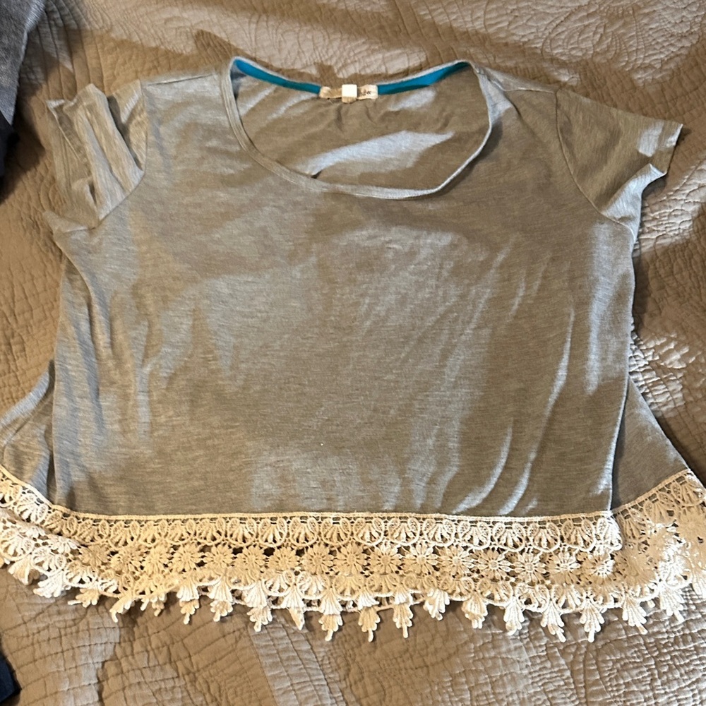 Rewind Gray Crop Top with Cream Lace Trim